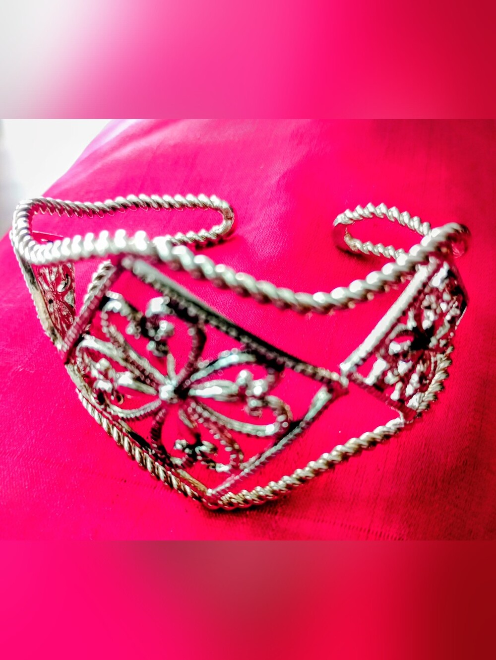 Silver Filigree Open Cuff Bracelet, Adjustable, 1.5" Maximum Width